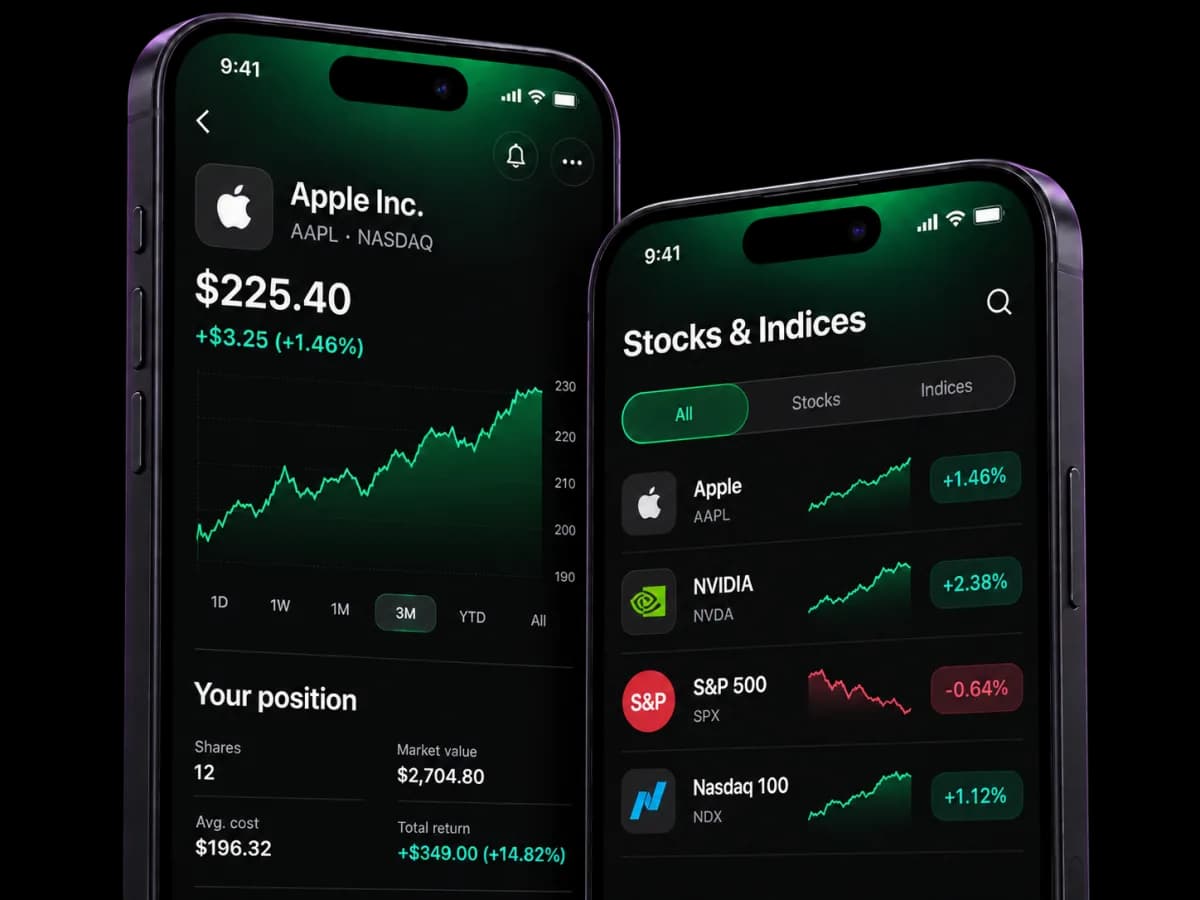 MetaTrader 5 on two phones, showing an Apple share price chart with an open position and a watchlist of stocks and indices