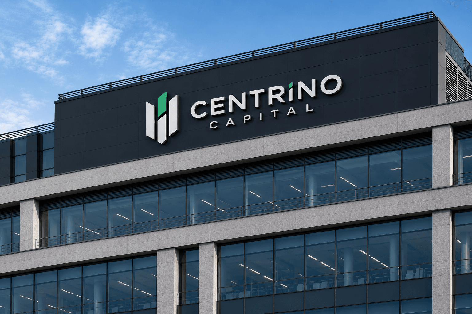 Centrino Capital signage on an office building at dusk