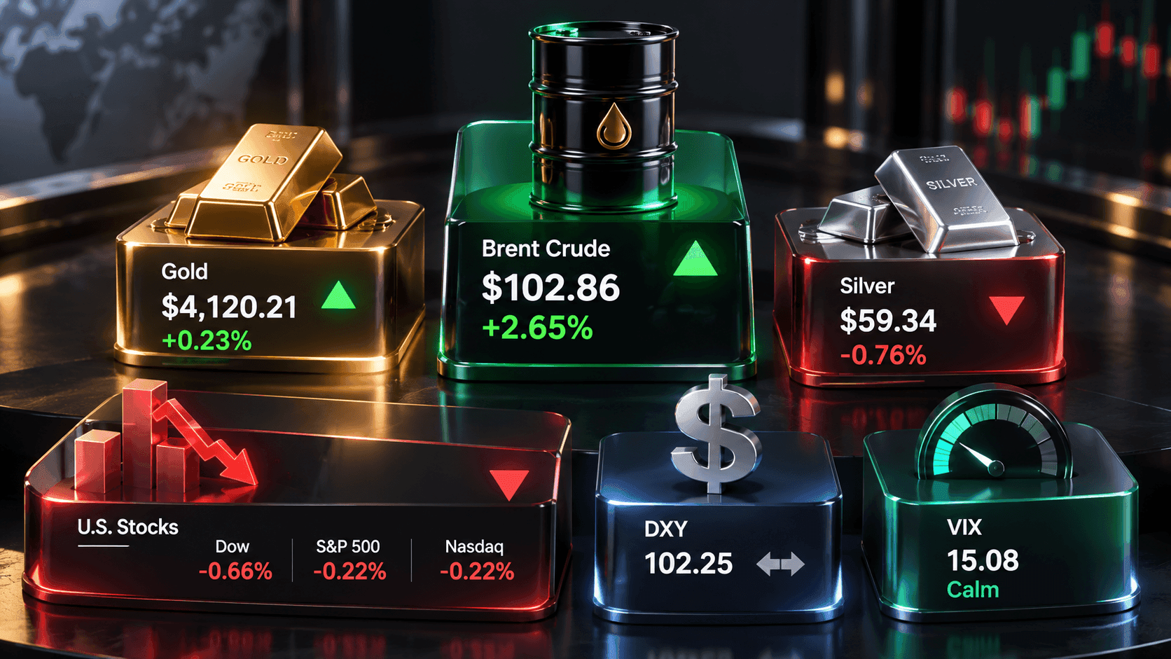 October 8, 2026 - Gold Rises 0.23% to $4,120.21, Silver Falls 0.76% to $59.34 and Brent Surges 2.65% to $102.86