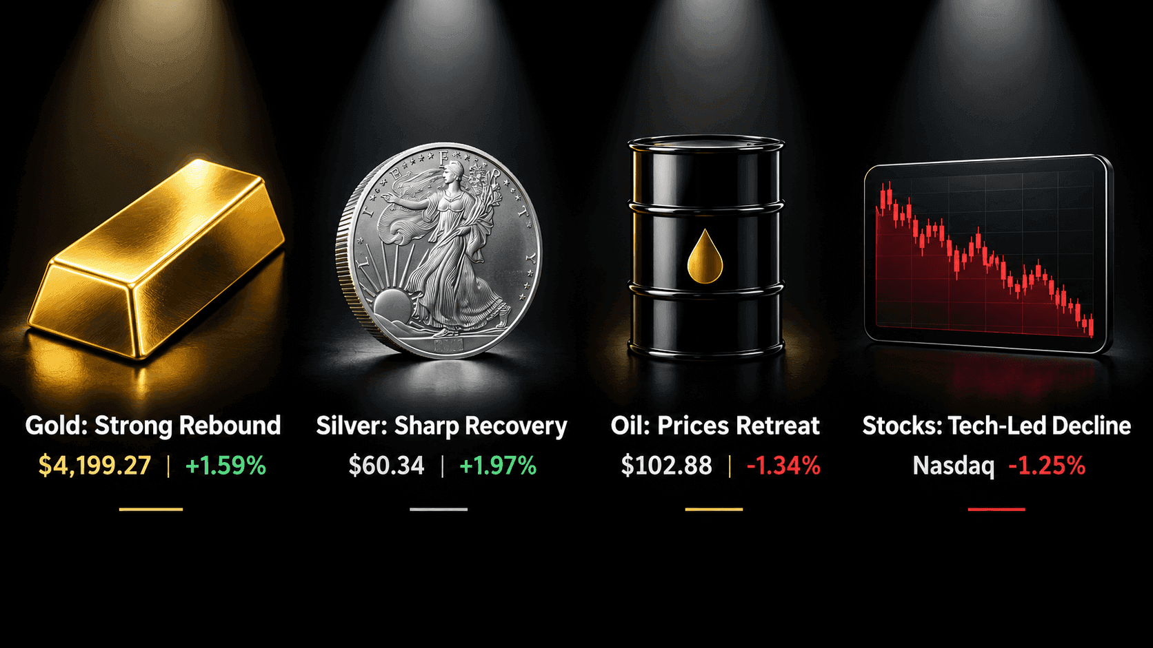 October 9, 2026 - Gold Rises 1.59% to $4,199.27, Silver Gains 1.97% to $60.34 and Brent Falls 1.34% to $102.88