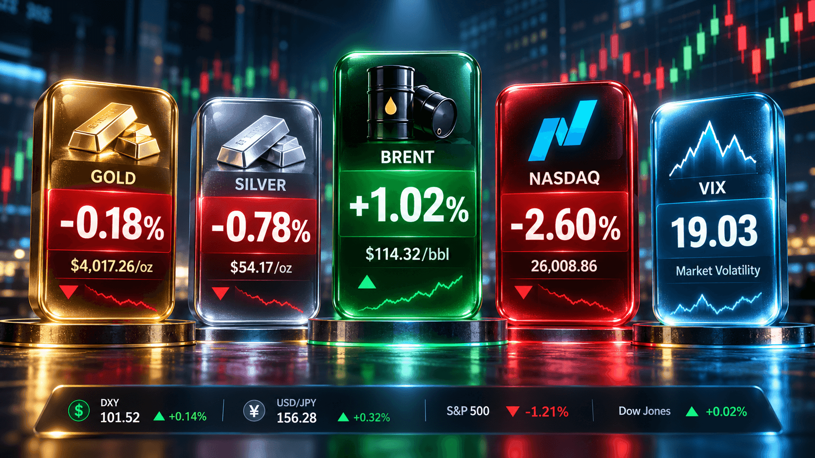 October 23, 2026 - Gold Falls 0.18% to $4,017.26, Silver Drops 0.78% to $54.17 and Brent Rises 1.02% to $114.32