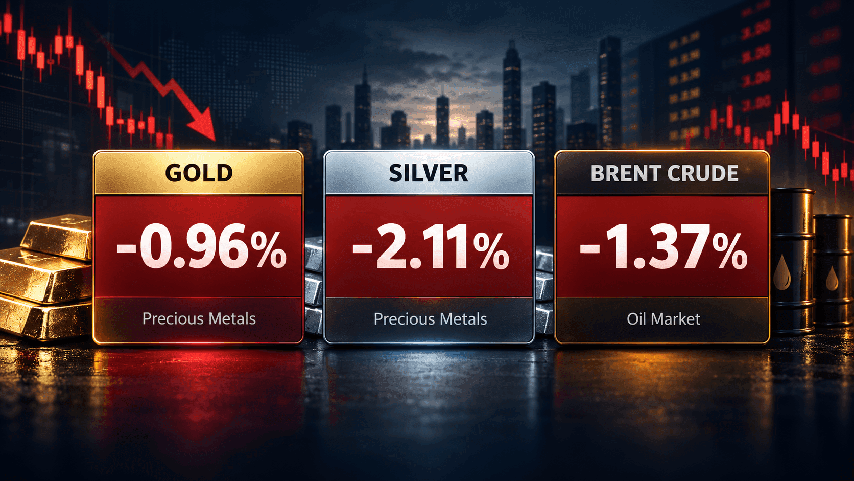 October 29, 2026 - Gold Falls 0.96% to $4,028.52, Silver Drops 2.11% to $52.83 and Brent Declines 1.37% to $110.11